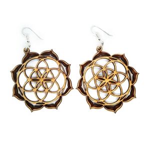 Handmade cherry wood flower of life wooden silver .925 earrings
